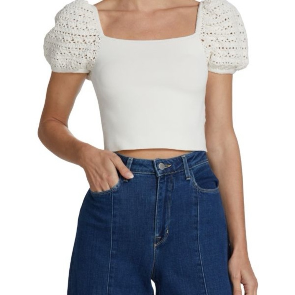 CALEY CROCHET PUFF SLEEVE CROP TOP XS